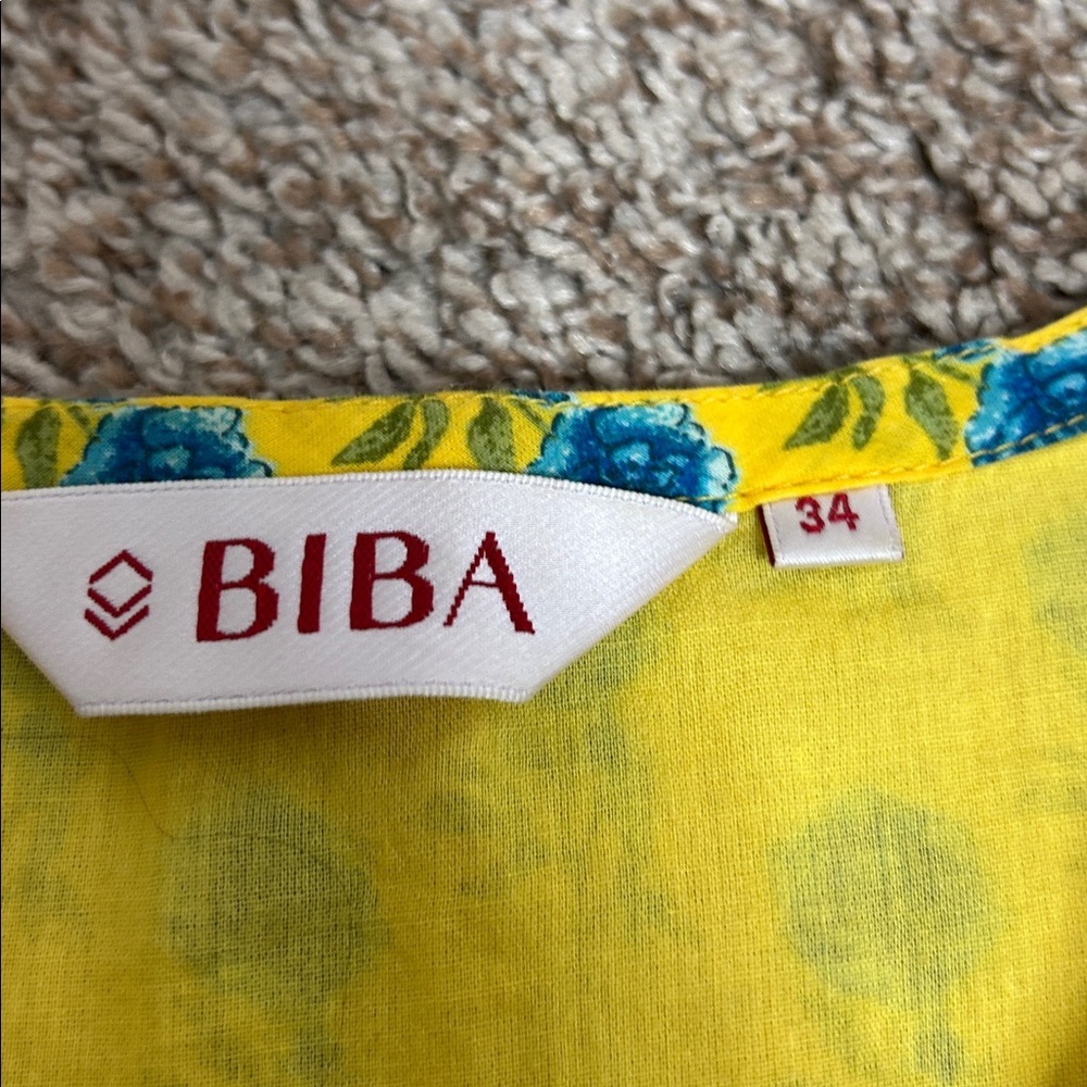 Biba Yellow Blue Floral Long Sleeve Dress Long Silt 34 Tassel‎ - Picture 8 of 14